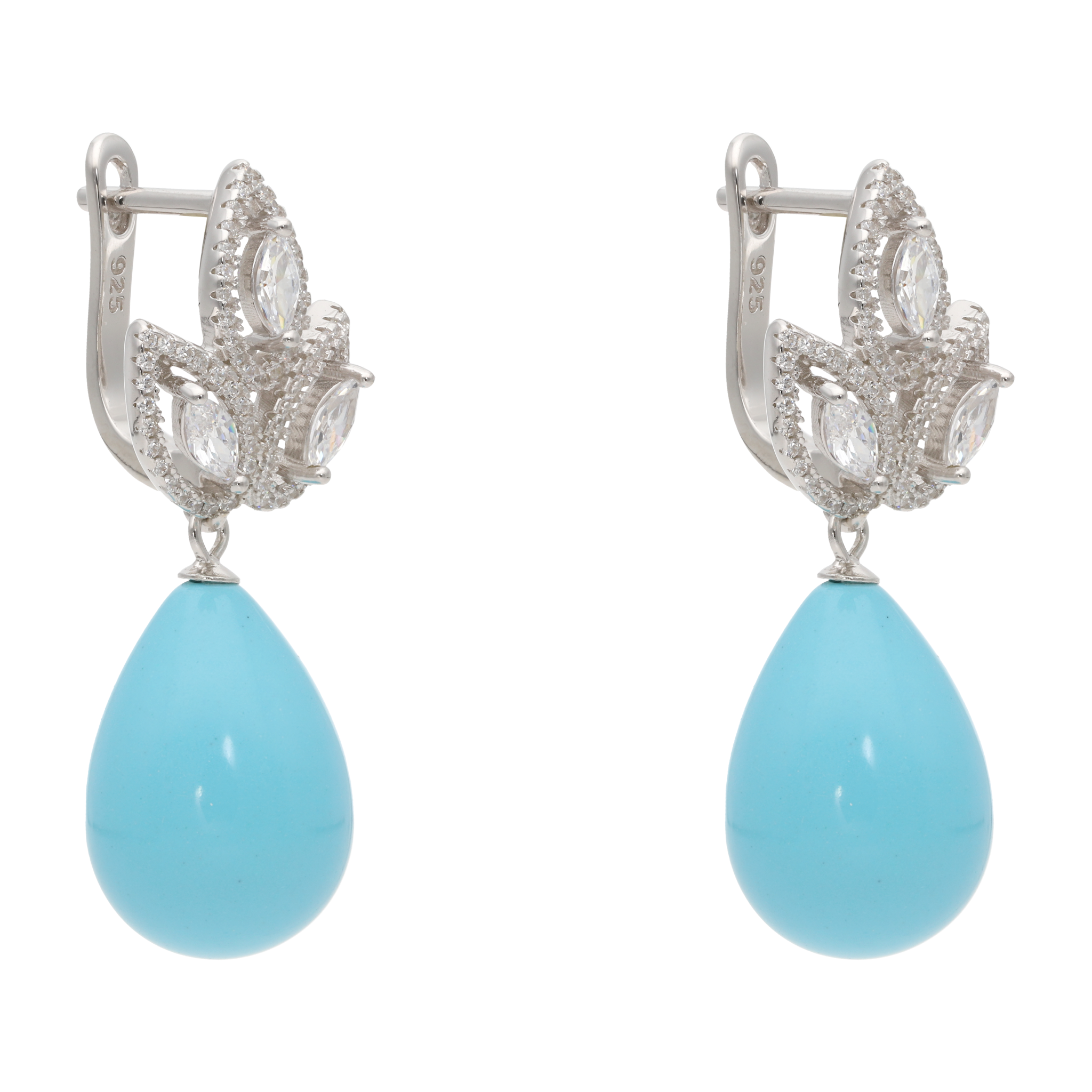 Aretes 3 hojas circonias con piedra gota plata