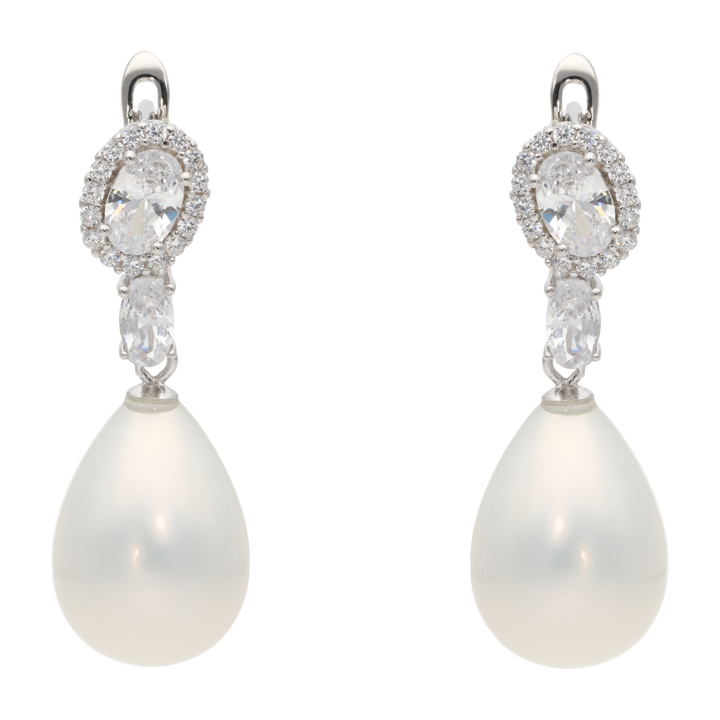 Aretes largos circonias oval perla plata