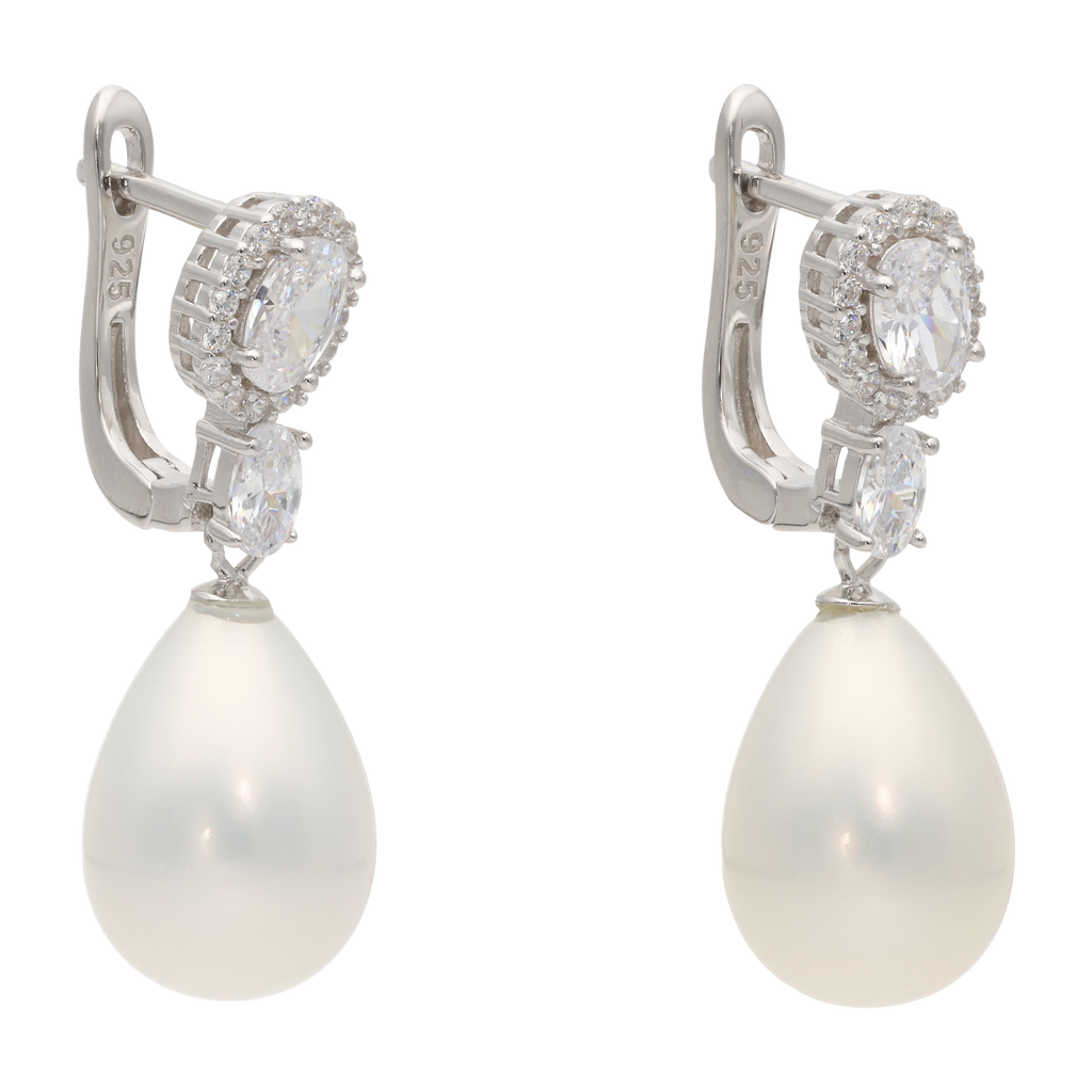 Aretes largos circonias oval perla plata