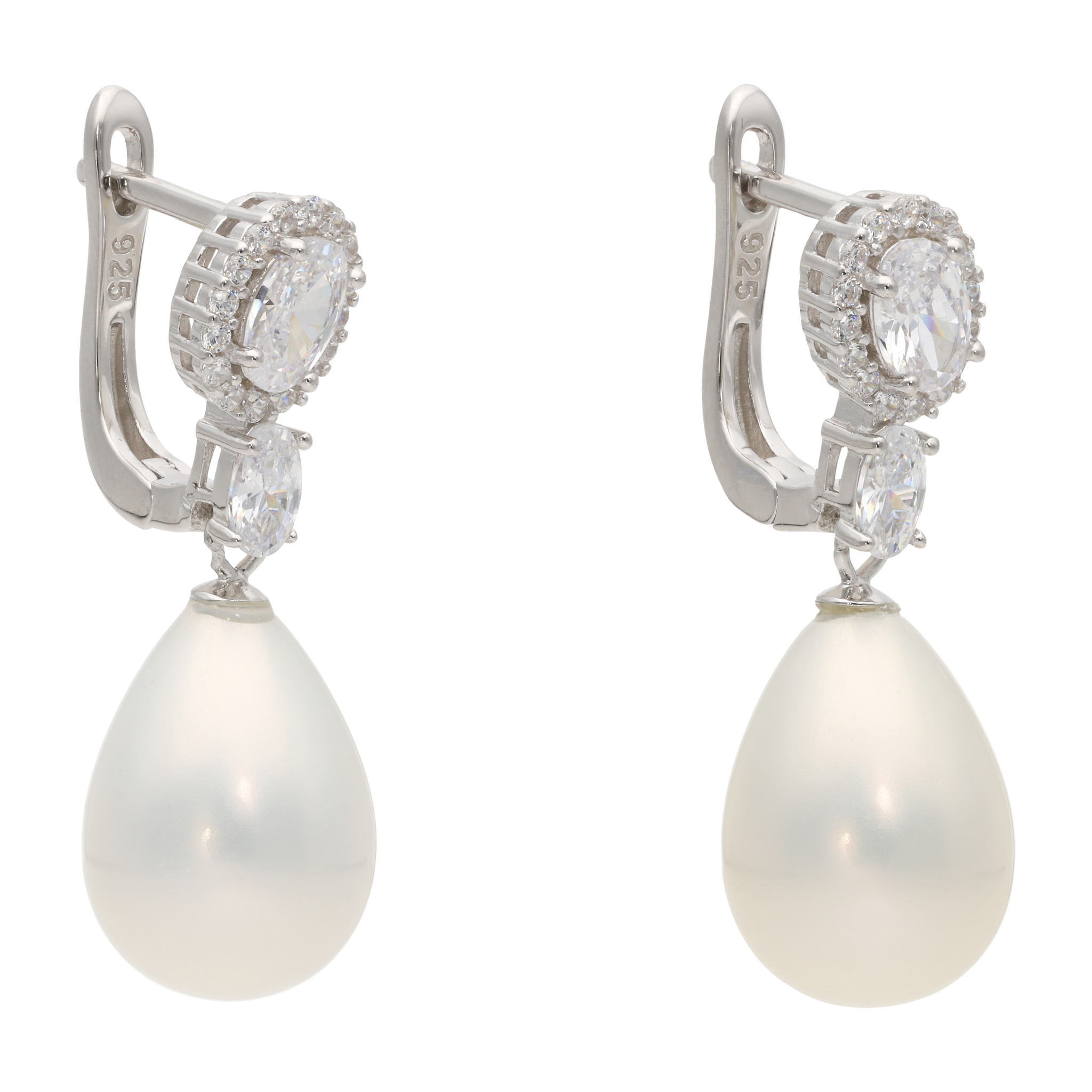 Aretes largos circonias oval perla plata