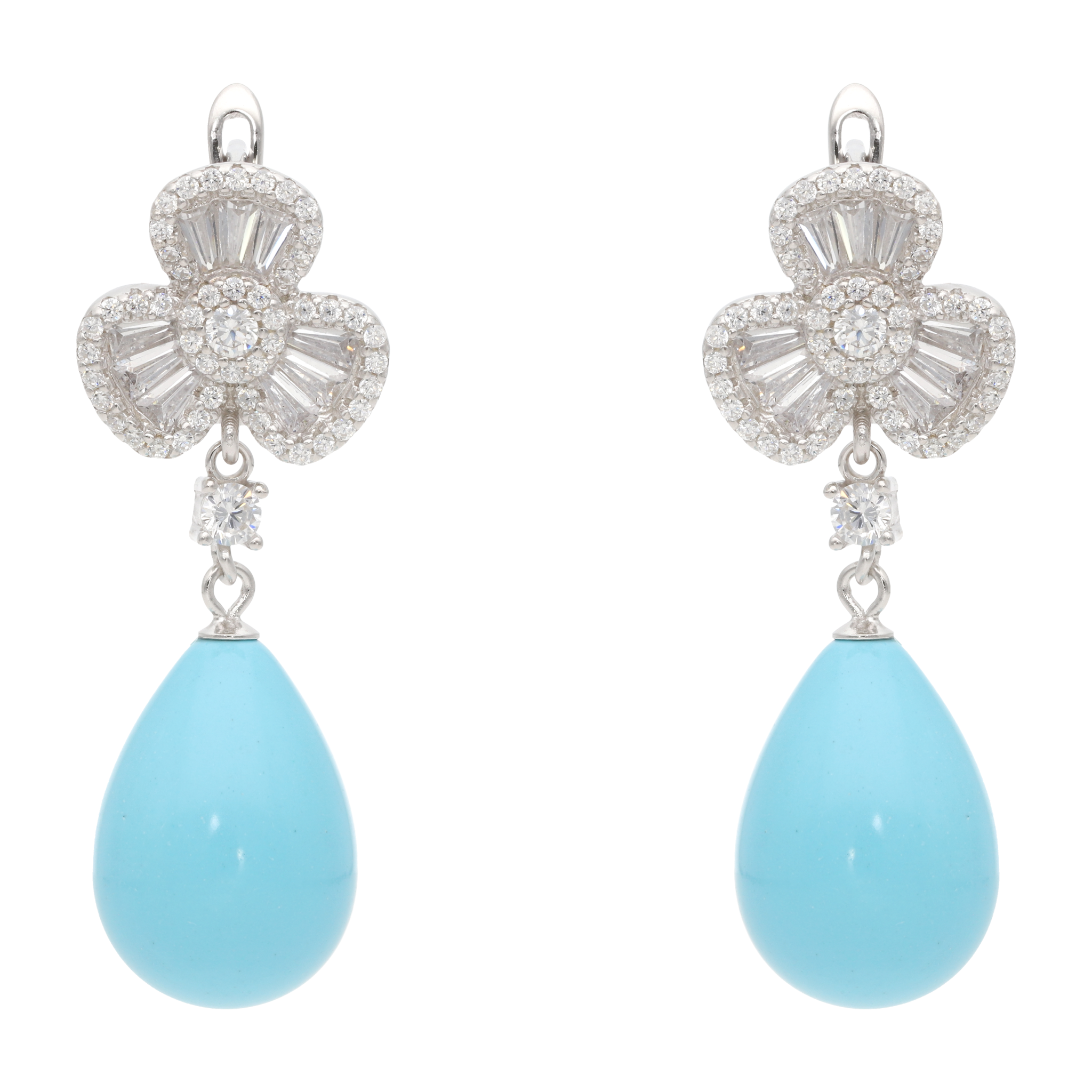 Aretes largos flor petalos perlas/coral/turquesa plata