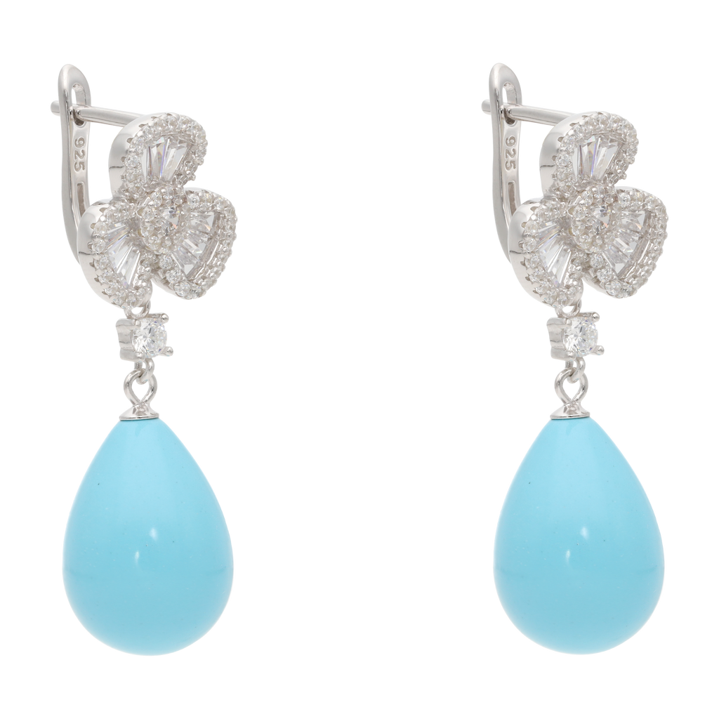 Aretes largos flor petalos perlas/coral/turquesa plata