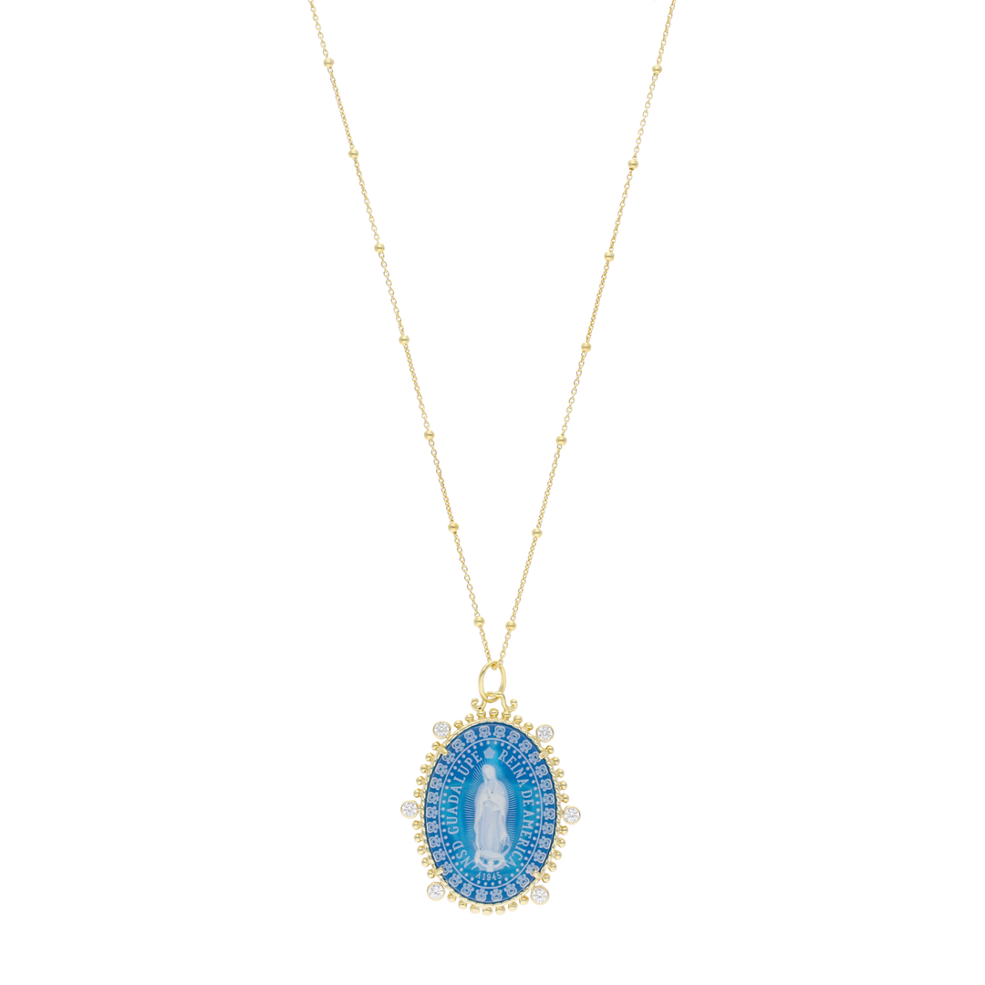 Collar medalla Guadalupe ágata y circonias plata