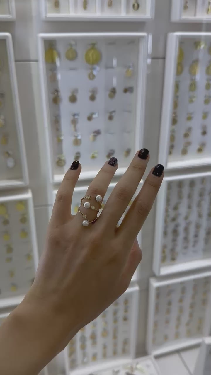 Anillo 3 filas perlas y circonias 14K