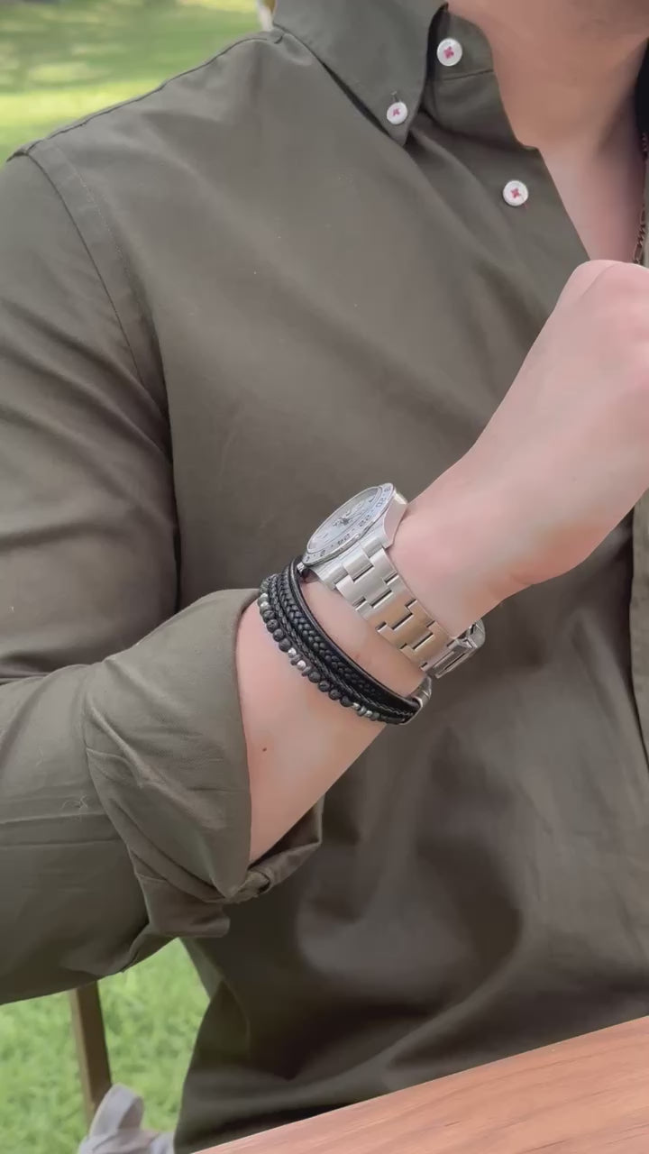 Pulsera 3 filas cuero, ónix y acero