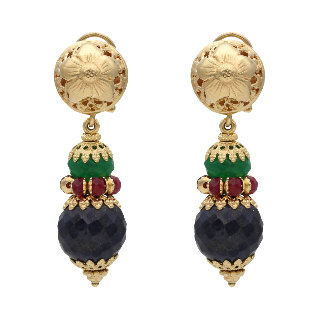 Aretes largos esmeraldas, rubíes y zafiros 18K