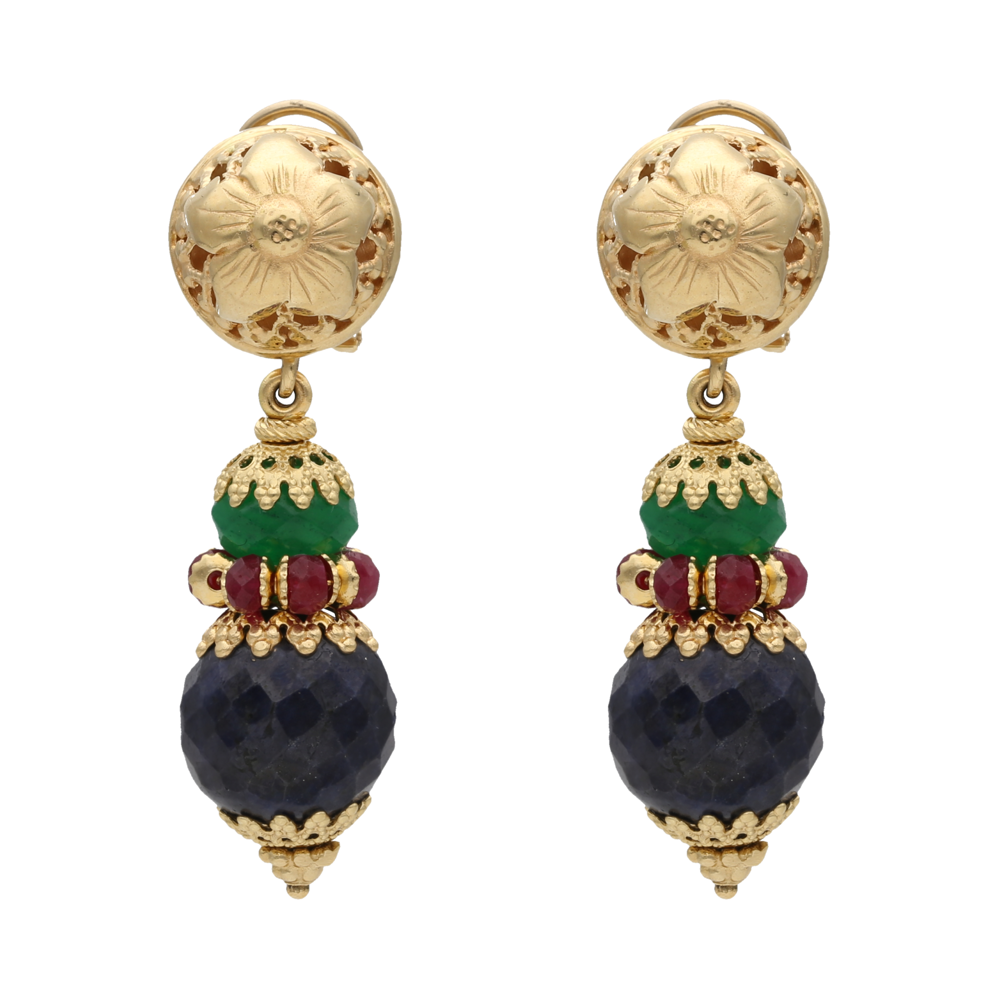 Aretes largos esmeraldas, rubíes y zafiros 18K