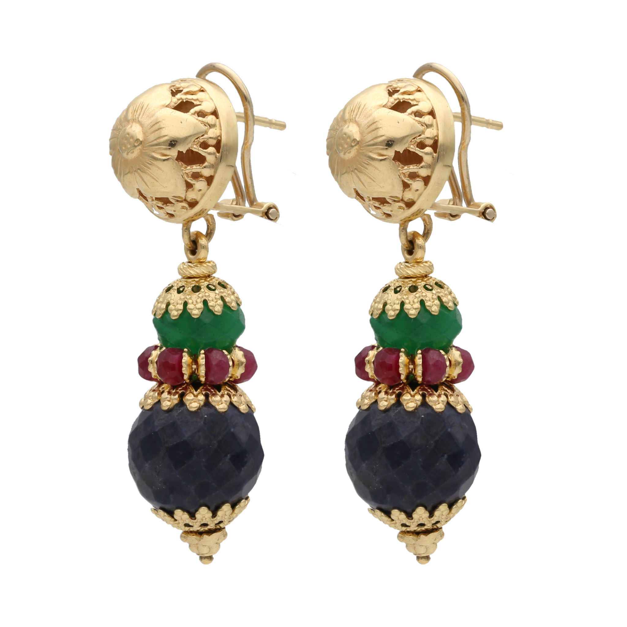 Aretes largos esmeraldas, rubíes y zafiros 18K