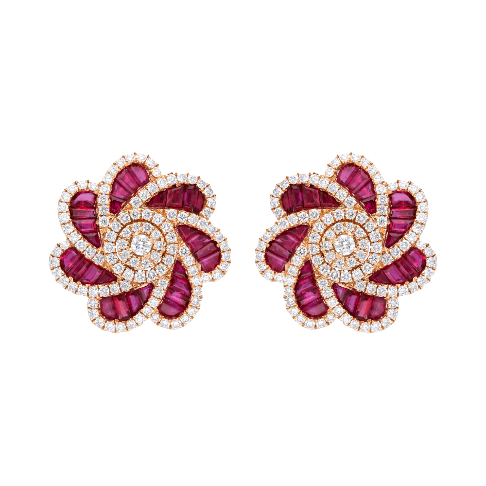 Aretes grandes flores rubíes y diamantes 18K
