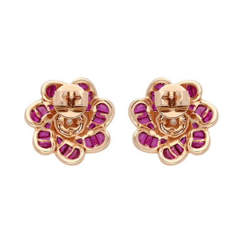 Aretes grandes flores rubíes y diamantes 18K