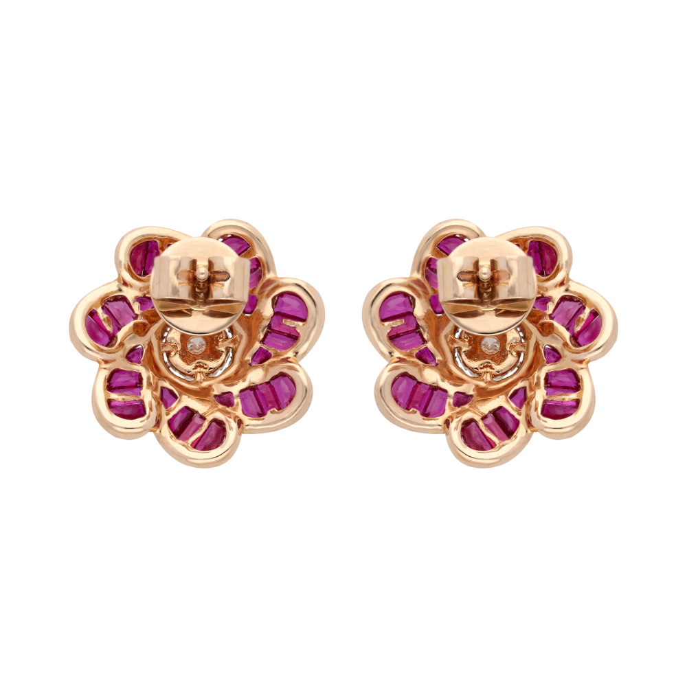 Aretes grandes flores rubíes y diamantes 18K