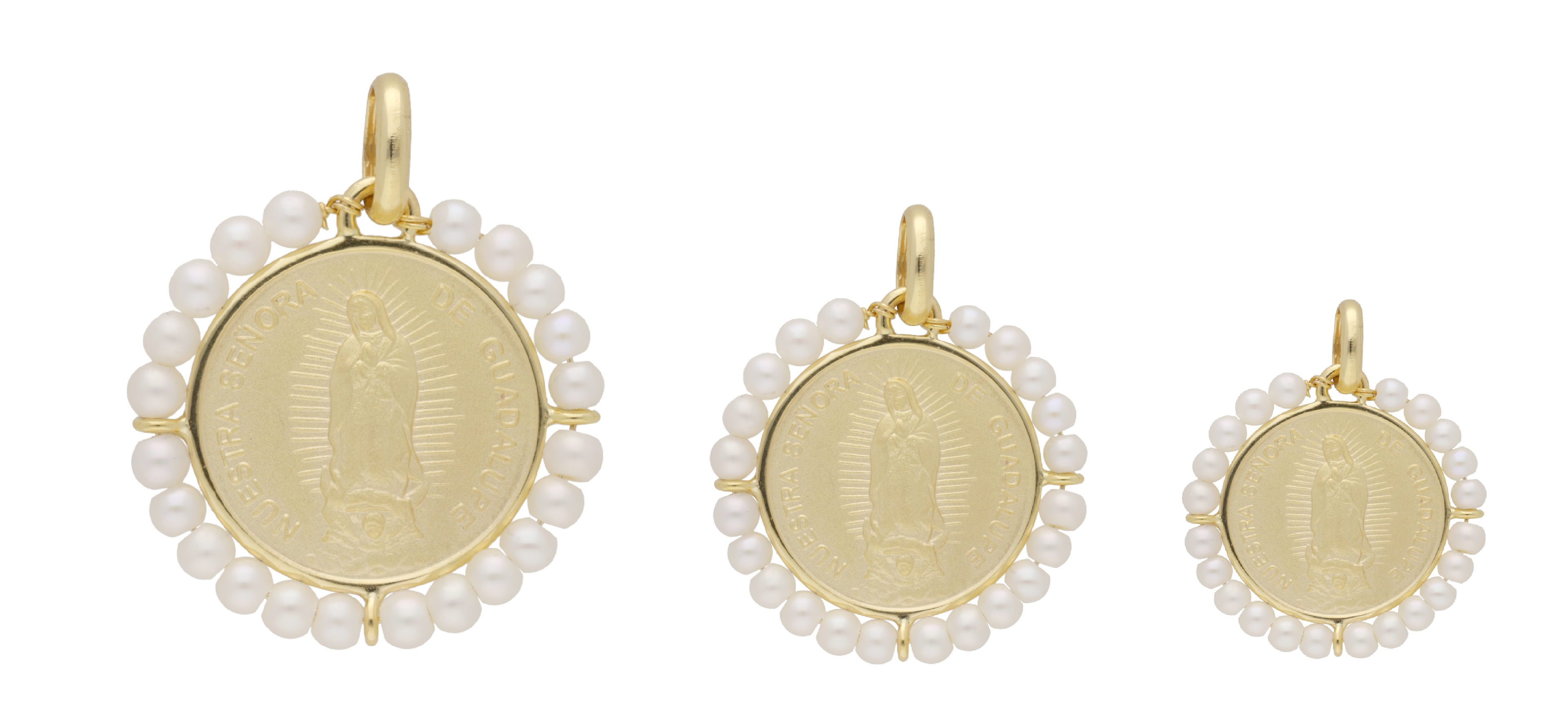 Medalla Virgen de Guadalupe 14K con perlas