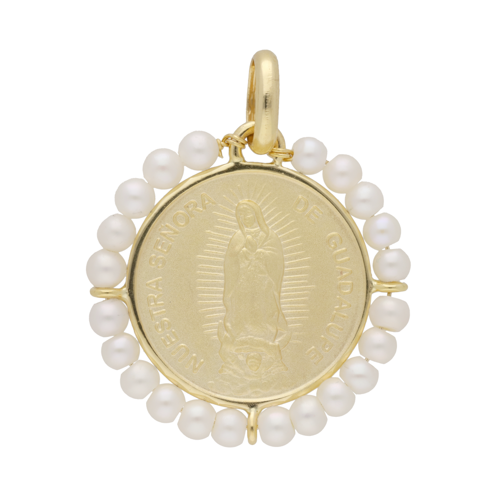 Medalla Virgen de Guadalupe 14K con perlas