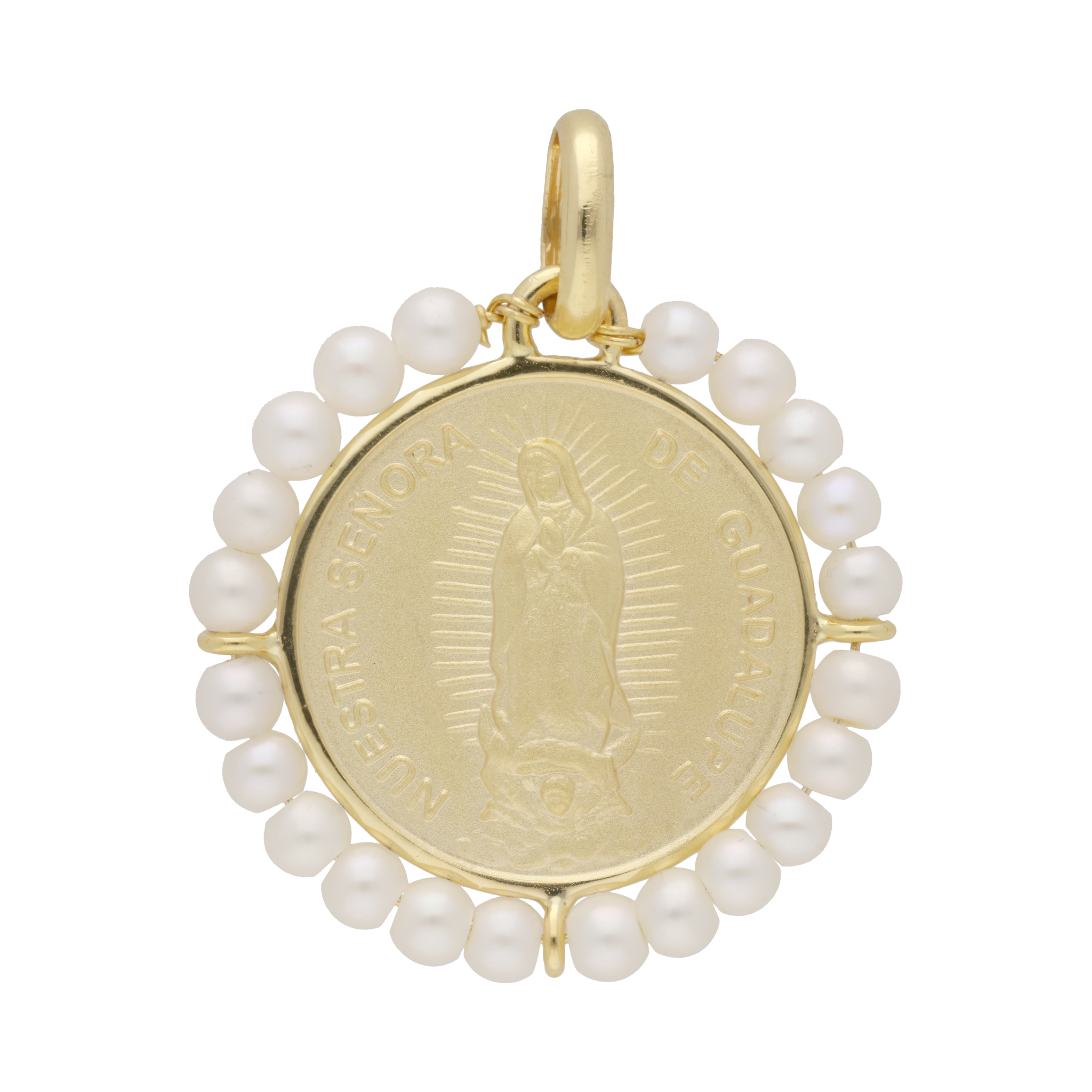 Medalla Virgen de Guadalupe 14K con perlas