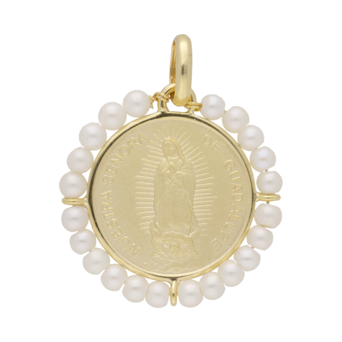 Medalla Virgen de Guadalupe 14K con perlas