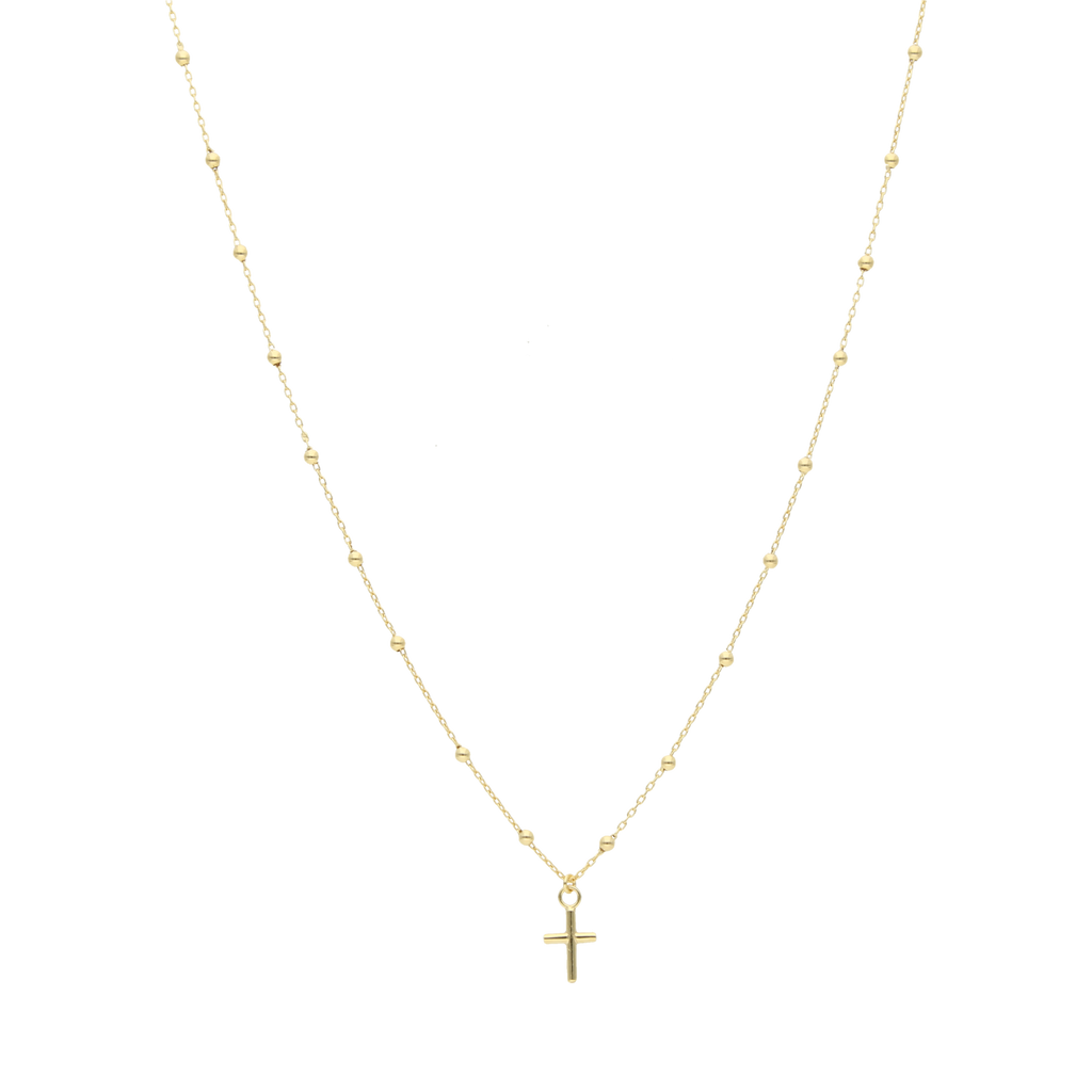 Collar bolitas y cruz lisa 14K